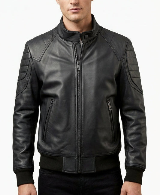 Sigma Provides Men’s Black Sheepskin Jacket – Stand Collar Soft Rib Knit Bomber Zip-Up Style
