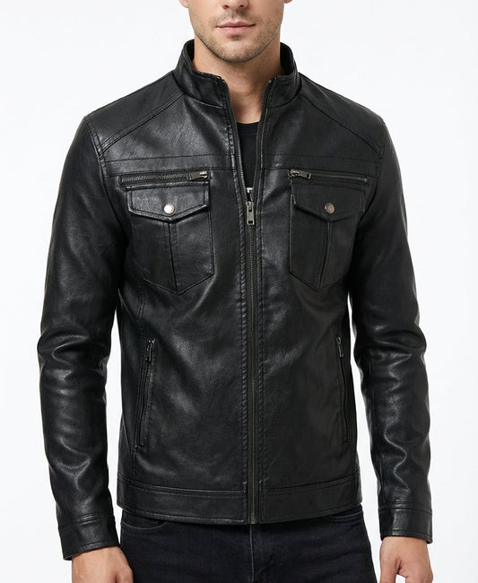 Sigma Provides Men’s Black Sheepskin Jacket – Stand Collar, Sporty Vintage Racer Scooter Style