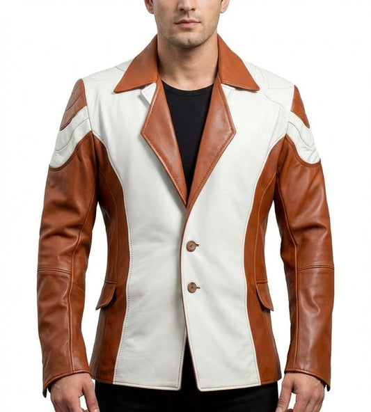 Sigma Provides Men’s Brown-White Sheepskin Blazer – Notch Lapel Belted Lightweight Casual Outerwear Style