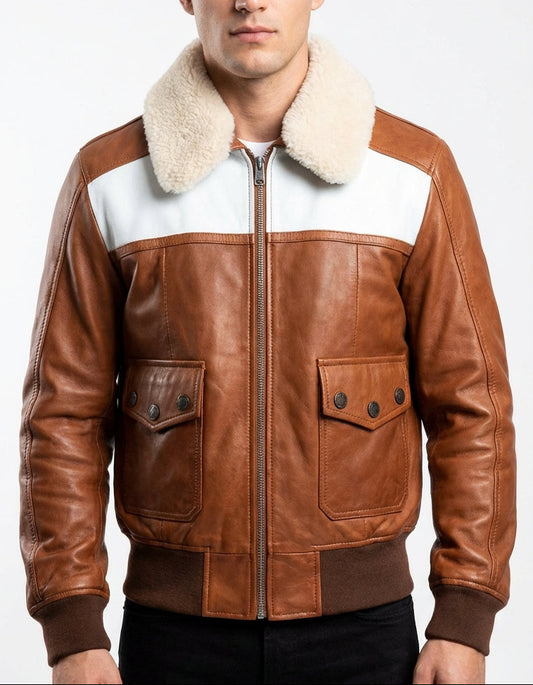 Sigma Provides Men’s Brown-White Sheepskin Jacket – Sherpa Collar A2 Aviator Bomber Rib-Knit Style