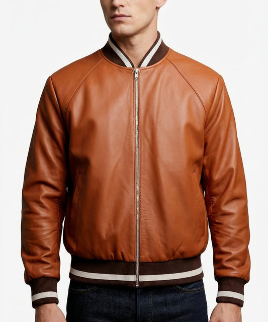 Sigma Provides Men’s Brown Sheepskin Jacket – Baseball Collar, Rib-Knit Lightweight Winter Varsity Style