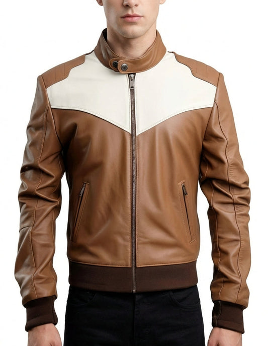 Sigma Provides Men’s Brown White Sheepskin Bomber Jacket – Stand Collar, Rib Knit Moto Style