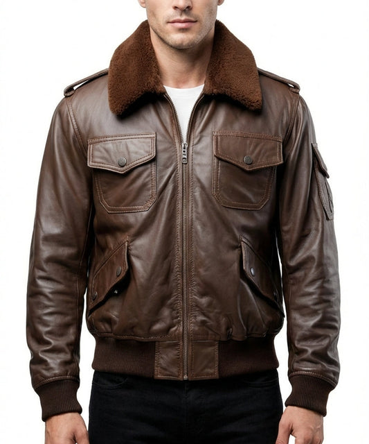 Sigma Provides Men’s Coffee Sheepskin Jacket – A2 Aviator Bomber Shirt Collar Rib Knit Style