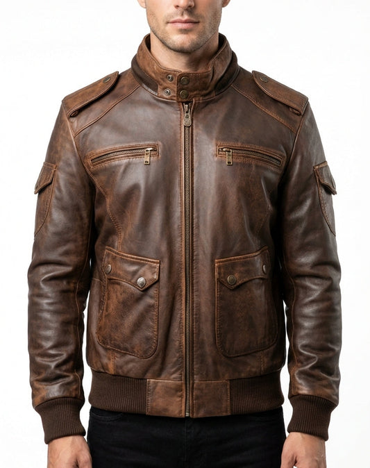 Sigma Provides Men’s Distressed Brown Sheepskin Jacket – Stand Collar Rib-Knit Flight Outerwear