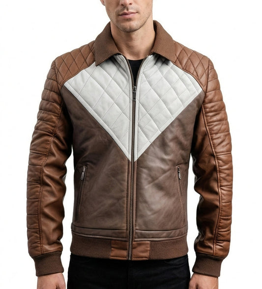 Sigma Provides Men’s Distressed Sheepskin Jacket – Quilted Biker Bomber in Coffee-Grey Classy Style