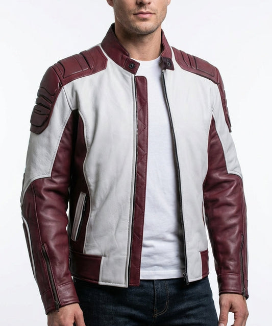 Sigma Provides Men’s Light Grey Maroon Sheepskin Jacket – Stand Collar, Winter Biker Sportswear Style