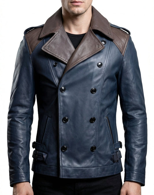 Sigma Provides Men’s Navy-Brown Sheepskin Trench Coat – Double-Breasted Notch Lapel Smooth Leather Style