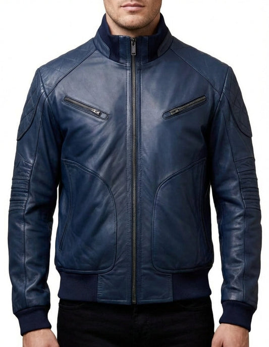Sigma Provides Men’s Navy Blue Sheepskin Jacket – Shirt Collar Rib-Knit Aviator Bomber Outerwear