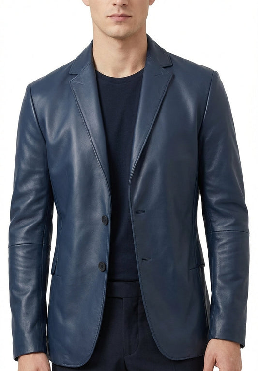 Sigma Provides Men’s Navy Sheepskin Blazer – Notch Lapel Lightweight Single-Breasted Formal Leather Style