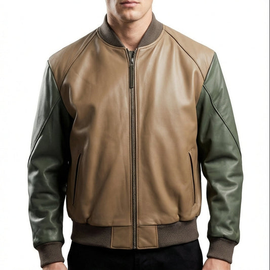 Sigma Provides Men’s Olive-Tan Sheepskin Jacket – Baseball Collar Rib-Knit Winter Bomber Style