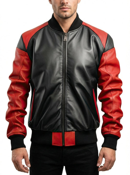 Sigma Provides Men’s Red-Black Sheepskin Jacket – Sleek Baseball Collar Lightweight Baggy Bomber Style