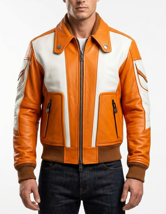 Sigma Provides Men’s Sheepskin Leather Aviator Jacket – Orange & White Pilot Bomber