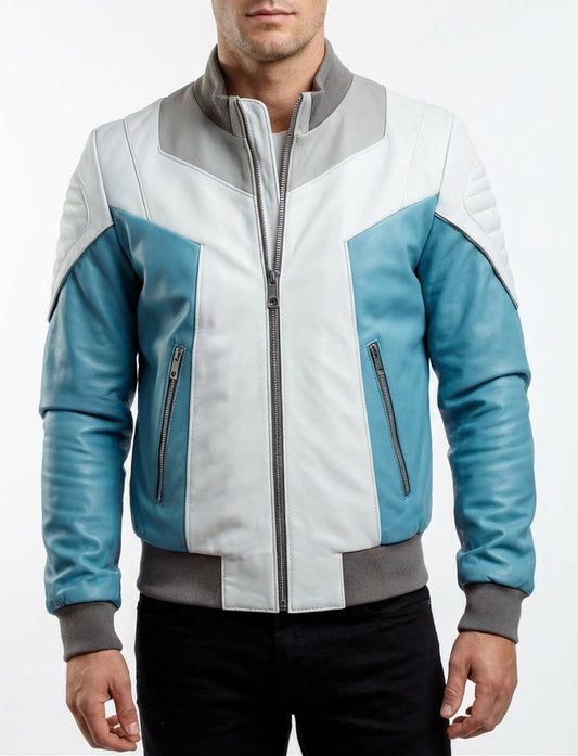 Sigma Provides Men’s Sky-Blue White Sheepskin Aviator Jacket – Stand Collar, Rib Knit Motorcycle Style