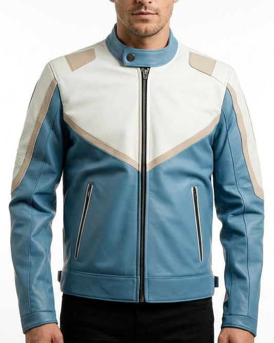 Sigma Provides Men's Two-Tone Sheepskin Racer Jacket – Dusky Blue & White Leather