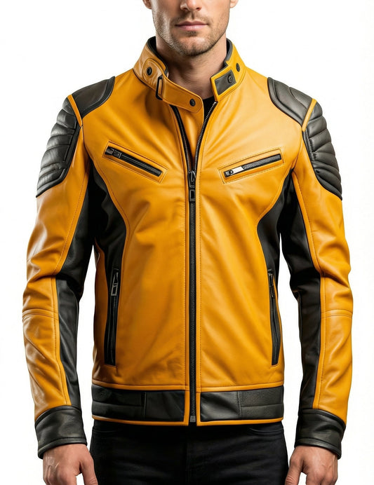 Sigma Provides Men’s Warm Grey-Mustard Sheepskin Jacket – Stand Collar Streetwear Moto Biker Style