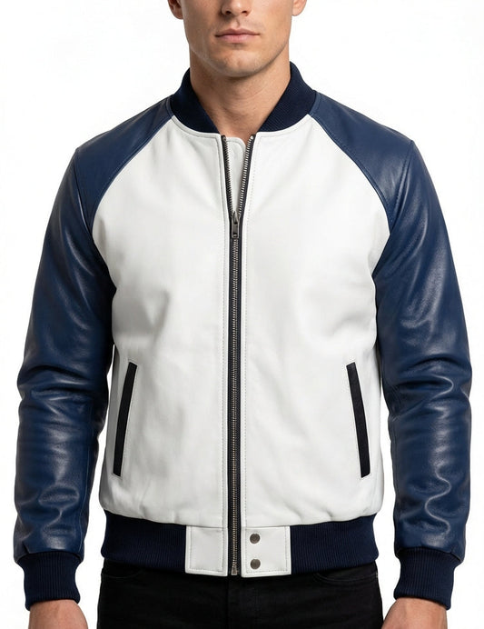 Sigma Provides Men’s White Blue Sheepskin Bomber Jacket – Baseball Collar, Sleek Winter Casual Style