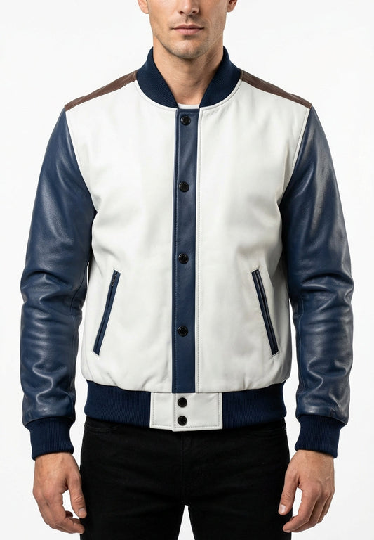 Sigma Provides Men’s White Blue Sheepskin Jacket – Baseball Collar, Slim-Fit Sporty Bomber Style
