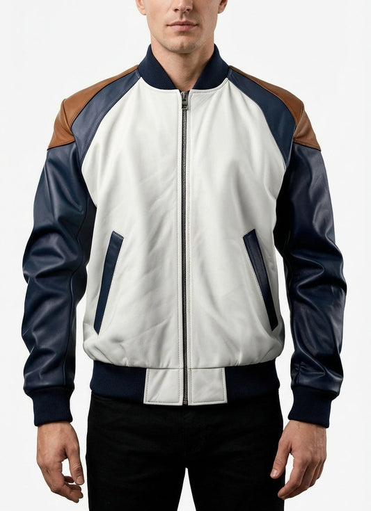 Sigma Provides Men’s White Navy Sheepskin Bomber Jacket – Baseball Collar, Sporty Rib Knit Style