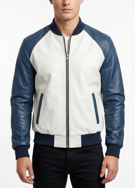 Sigma Provides Men’s White Navy Sheepskin Bomber Jacket – Baseball Collar, Zip-Up Winter Style