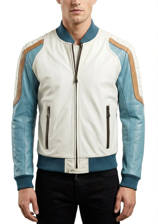 Sigma Provides Sky Blue Sheepskin Bomber Jacket – Men’s Winter Biker Style