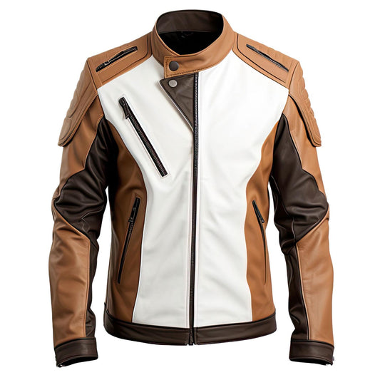 Sigma Presents Men’s Distressed Brown Sheepskin Stand Collar Moto Biker Jacket