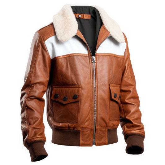 Sigma Provides Men’s Brown-White Sheepskin Jacket – Sherpa Collar A2 Aviator Bomber Rib-Knit Style