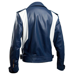 Navy White Belted Biker Jacket — back view
