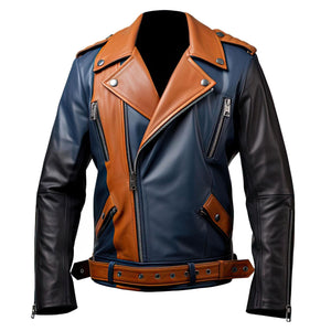 Navy Brown Crossover Biker Jacket — side view