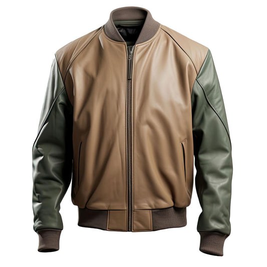 Sigma Provides Men’s Olive-Tan Sheepskin Jacket – Baseball Collar Rib-Knit Winter Bomber Style