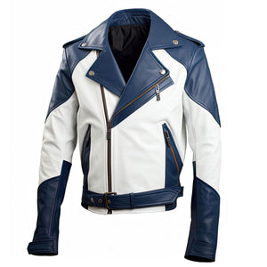 Navy White Belted Biker Jacket — side view