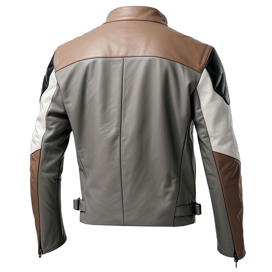 Sigma Offers Men's Grey & White Real Leather Café Racer Jacket, Stand Collar, Elegant Smooth Zip-Up, Lightweight Sport Rider.