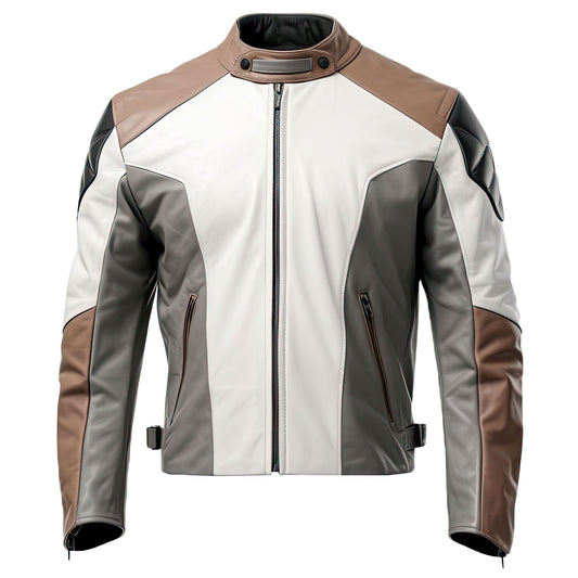 Sigma Offers Men's Grey & White Real Leather Café Racer Jacket, Stand Collar, Elegant Smooth Zip-Up, Lightweight Sport Rider.