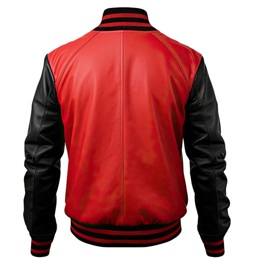 Sigma Offers Men’s Black And Red Genuine Sheepskin Varsity Bomber Jacket with Red Stripes, Elegant Baseball Collar Sportswear