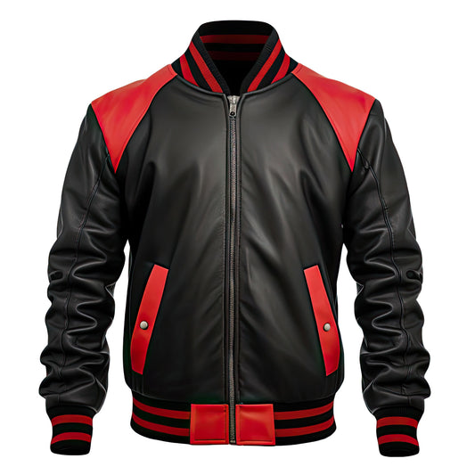Sigma Offers Men’s Black And Red Genuine Sheepskin Varsity Bomber Jacket with Red Stripes, Elegant Baseball Collar Sportswear