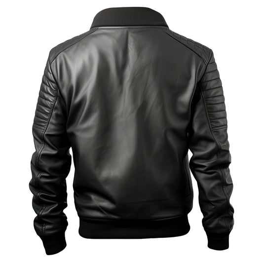 Sigma Offers Men’s Black Genuine Leather Jacket, Sleek Zip-Up Bomber with Soft Rib Knit Collar, Sporty Casual Quilted Design