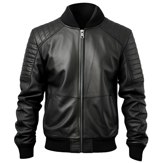 Sigma Offers Men’s Black Genuine Leather Jacket, Sleek Zip-Up Bomber with Soft Rib Knit Collar, Sporty Casual Quilted Design