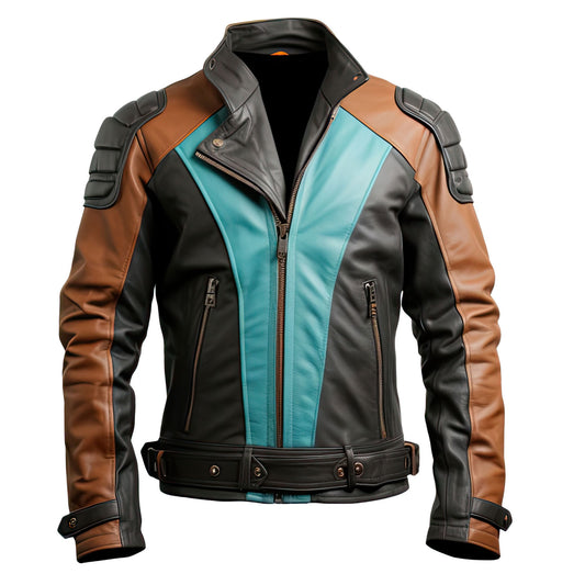 Sigma Offers Men’s Brown and Charcoal Grey Genuine Leather Jacket, Stand Collar, Belted Moto Café Racer, Multi-Color Biker Outfit