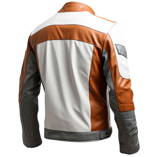 Sigma Offers Men’s Copper Brown and White Genuine Leather Jacket, Stand Collar, Slim Fit Biker Outfit, Classy Café Racer Design