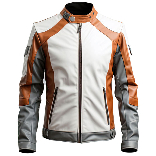 Sigma Offers Men’s Copper Brown and White Genuine Leather Jacket, Stand Collar, Slim Fit Biker Outfit, Classy Café Racer Design