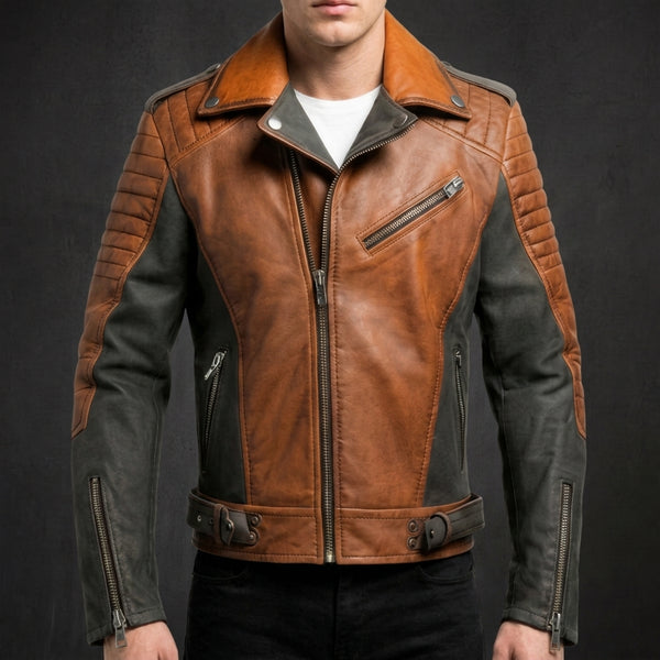 Distressed Brown Grey Moto Jacket