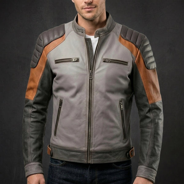 Grey Brown Quilted Racer Jacket