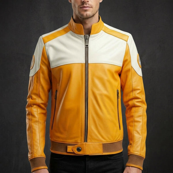Mustard White Moto Racer Jacket