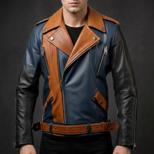 Navy Brown Crossover Biker Jacket