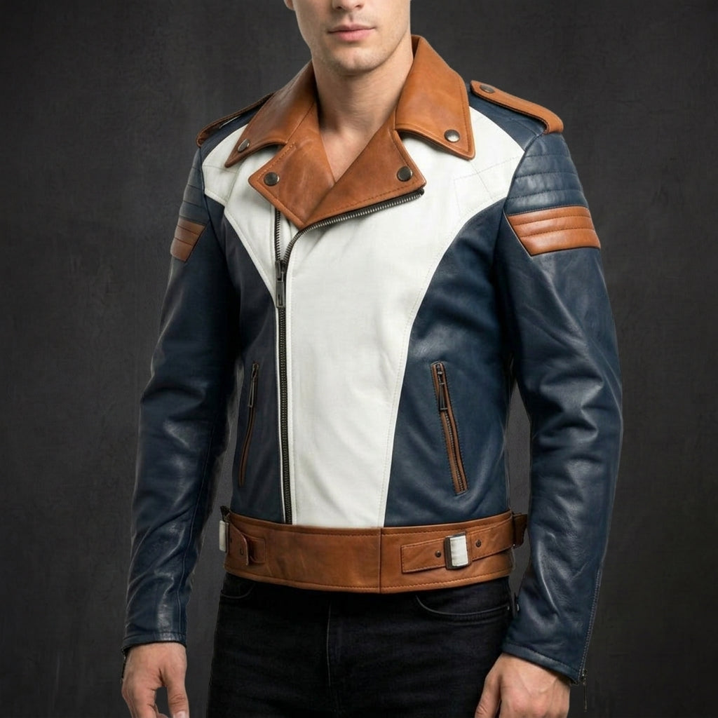 Navy Brown Quilted Moto Jacket
