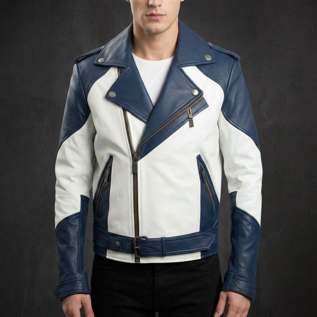 Navy White Belted Biker Jacket