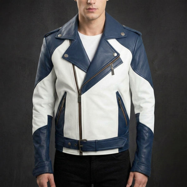 Navy White Belted Biker Jacket