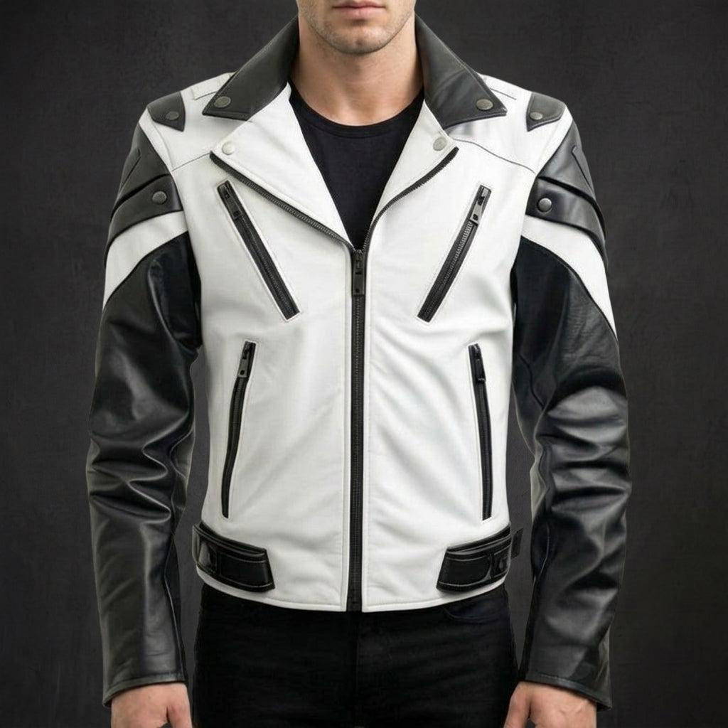 White Black Belted Biker Jacket