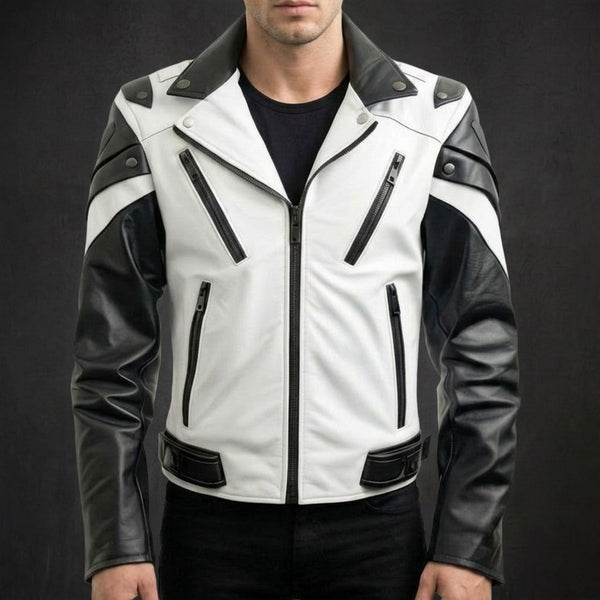 White Black Belted Biker Jacket