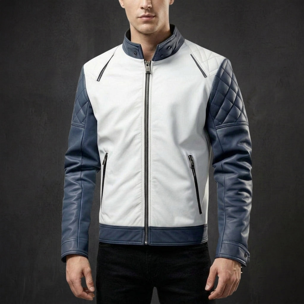 Navy Grey Quilted Biker Jacket