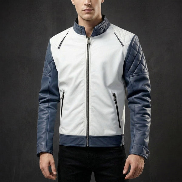 Navy Grey Quilted Biker Jacket